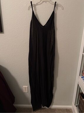 NWT Elan Black Knit Metallic Gold Shimmer Maxi Dress Jumpsuit L